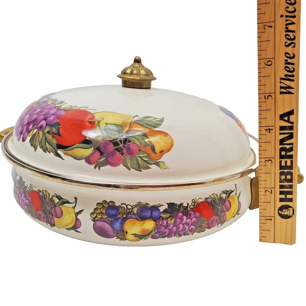 Read Vintage Cornucopia Dutch Oven Enamel Fruit Covered Lid Pot Brass Casserole